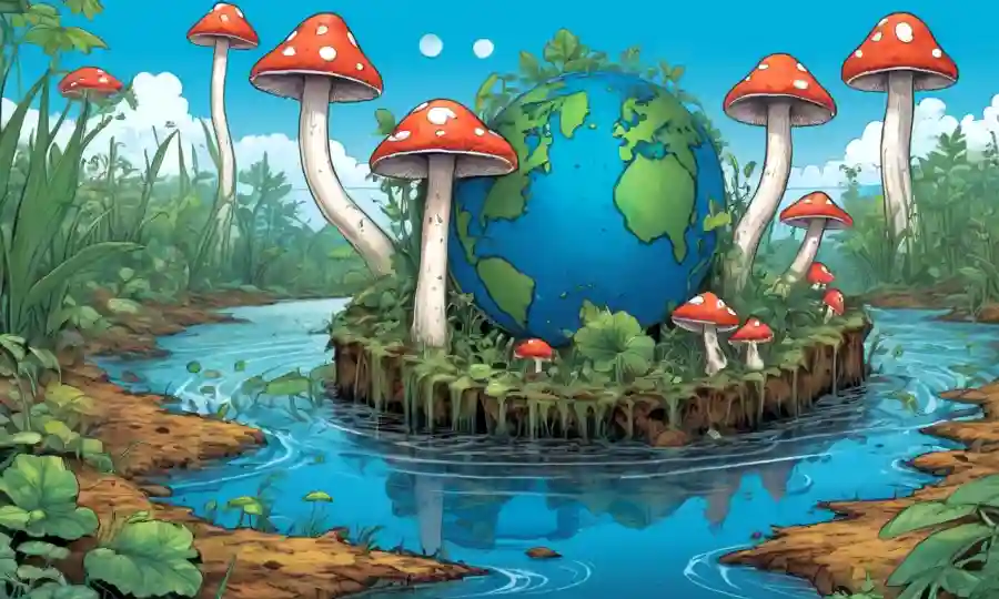 Setas creciendo cerca del agua contaminada, rodeado de vegetación y un globo azul.