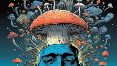 Una gorra de hongos cultivada en hongos sobre un cerebro de personas
