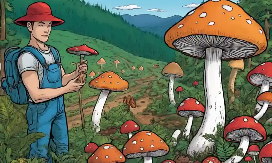 Una persona que sostiene varias especies de hongos, rodeada de bosques y tierras agrícolas.