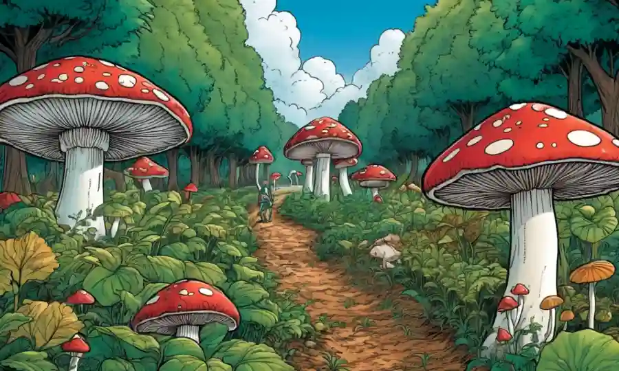Setas que crecen en medio de cultivos y árboles, con figuras humanas en el fondo, destacando su papel en la agricultura y los ecosistemas.