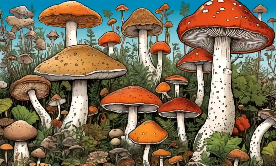 Afiche de clasificación de hongos con diversos tipos de hongos e ilustraciones de ecosistemas.