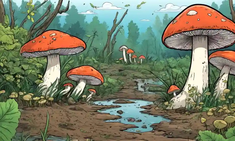 Ilustración que muestra hongos derribando materia orgánica en un ecosistema.