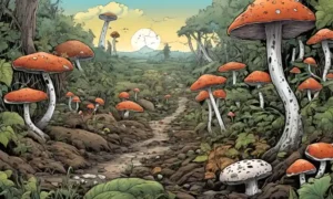 Fungi creciendo en medio de la descomposición de materia orgánica en un paisaje ecosistémico.