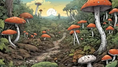 Fungi creciendo en medio de la descomposición de materia orgánica en un paisaje ecosistémico.