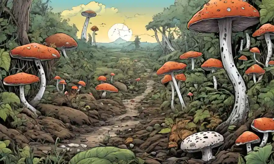 Fungi creciendo en medio de la descomposición de materia orgánica en un paisaje ecosistémico.