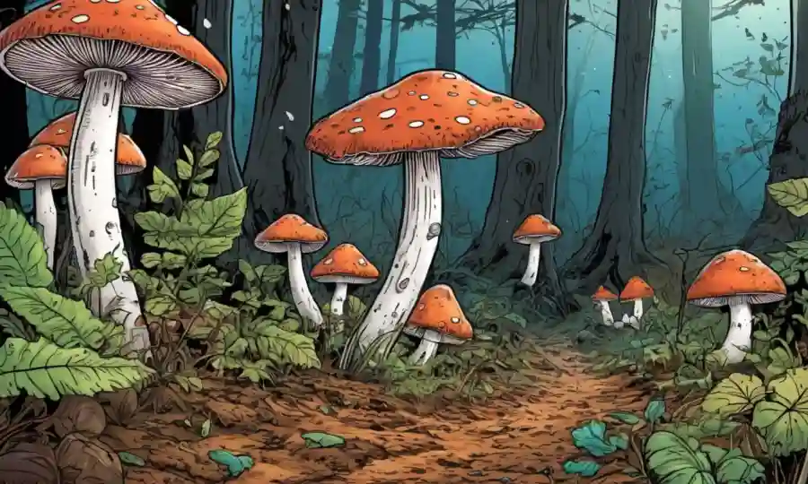 Setas y ecosistemas forestales con hojas descompuestas.