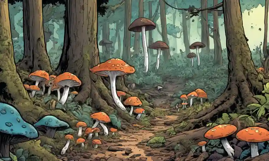 Imagen con hongos rodeados de descomposición de materia orgánica en un ecosistema forestal.