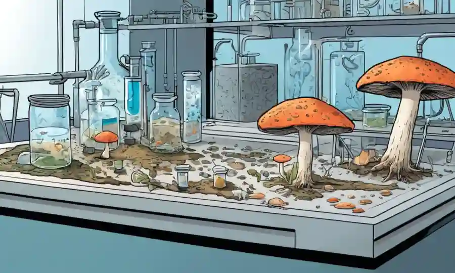Las ilustraciones científicas de los procesos de hongos y descomposición en un entorno de laboratorio.