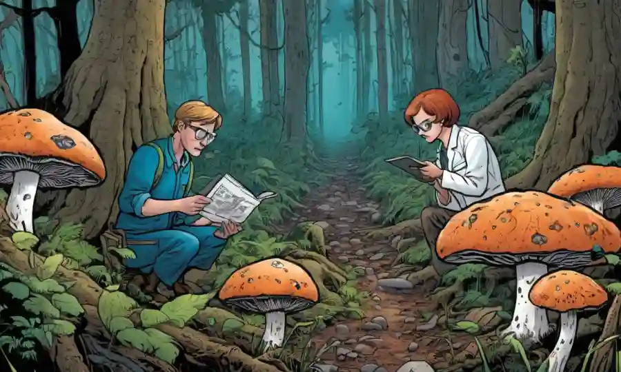 Científicos que examinan el crecimiento de hongos en medio de la descomposición de materia orgánica en un bosque.
