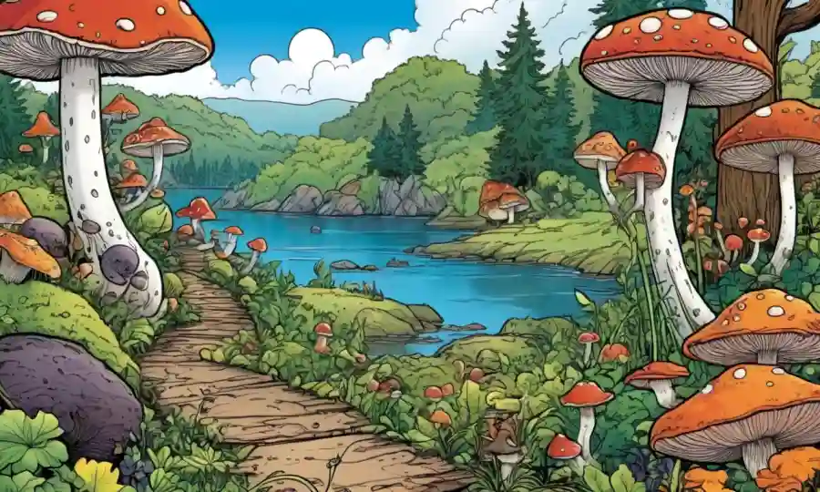 Un paisaje escénico con diversos hongos y vida vegetal.