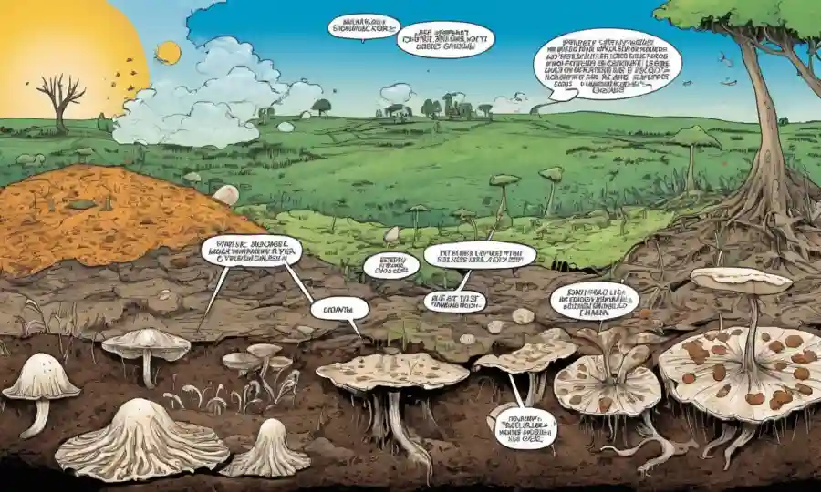 Fungus creciendo cerca de la descomposición de materia orgánica, con diagramas de cambio climático y texto en el fondo.