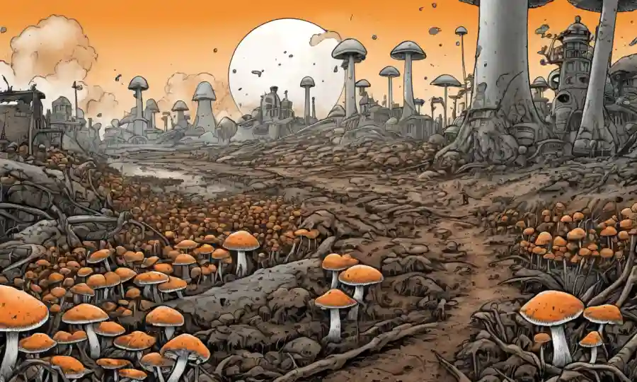 Fungi creciendo en medio de entornos contaminados, destacando su papel en la rehabilitación del suelo.