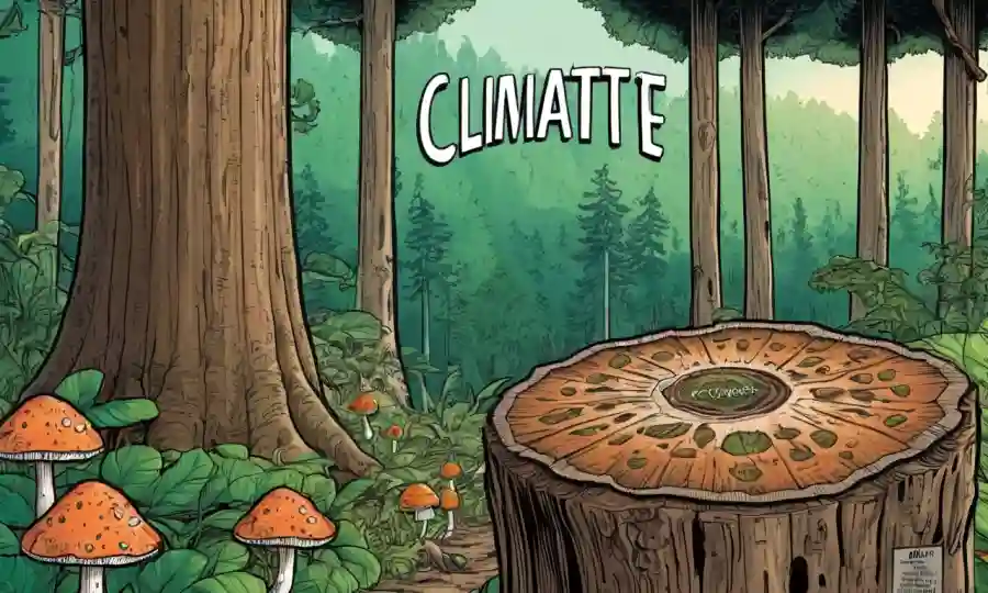Fungi creciendo en tronco de árboles rodeado de frondoso bosque, con palabras Cambio Climático y Biodiversidad en el fondo.