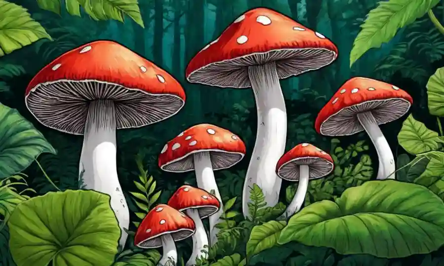Setas creciendo en medio del exuberante follaje, simbolizando su papel en la evolución de las vidas.