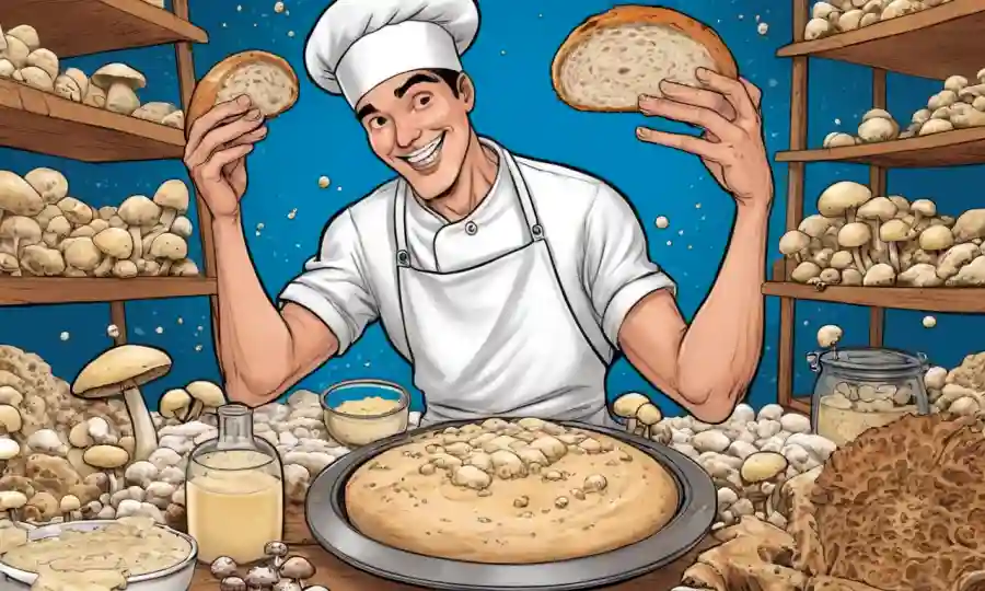 Un panadero manejando la masa de pan rodeado de hongos y culturas de levadura.