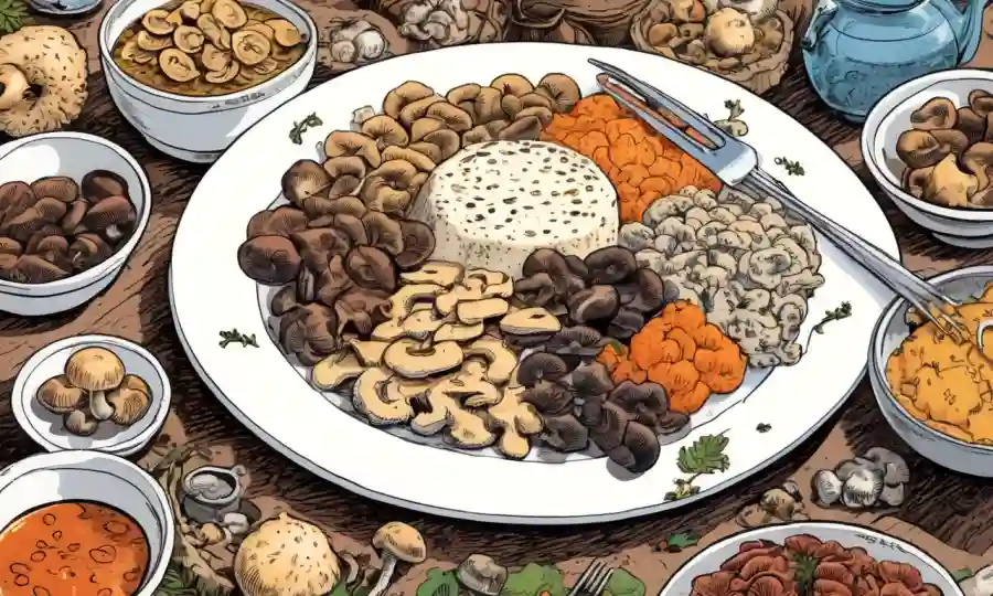 Un plato con varios alimentos fermentados rodeados de hongos, destacando el impacto en el patrimonio cultural.