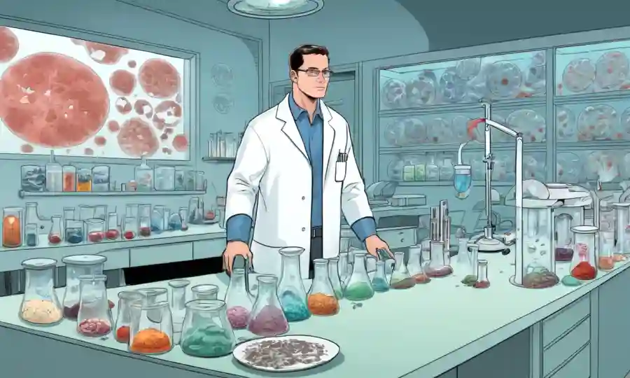 Un investigador de pie detrás de un banco de laboratorio, rodeado de platos Petri y diagramas de procesos de fermentación fúngica.