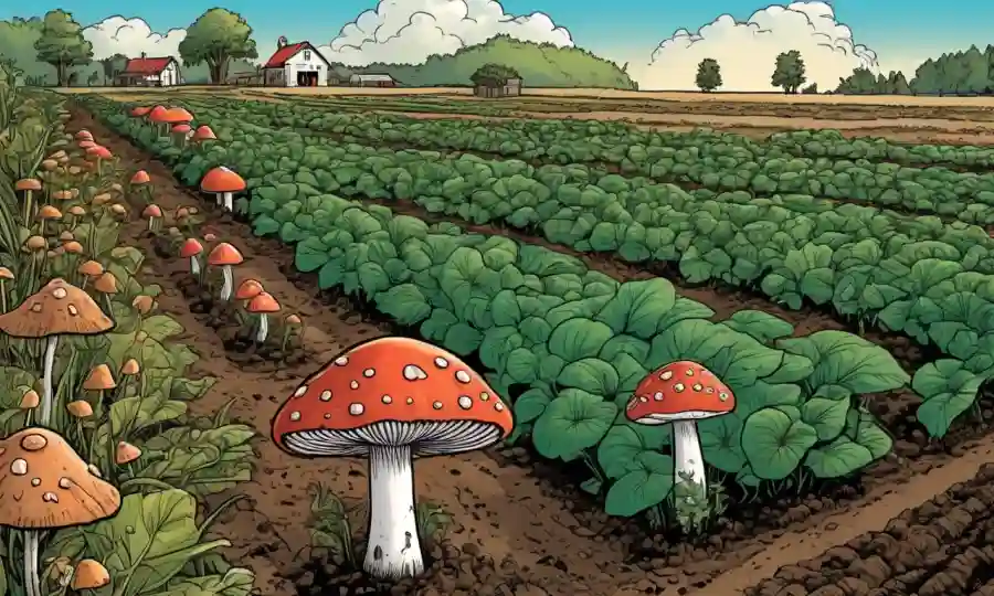 Setas creciendo entre cultivos en un paisaje agrícola sostenible, destacando la salud del suelo.
