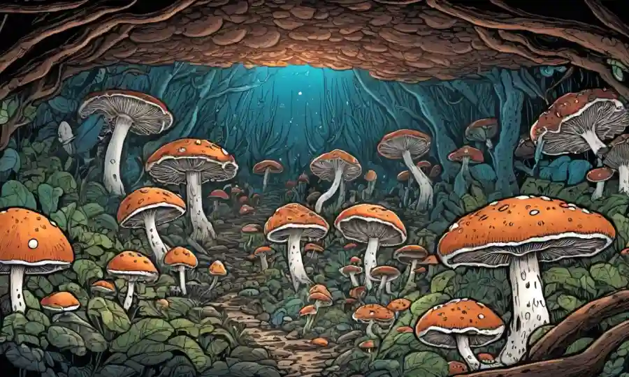 Fungi se extiende bajo tierra, ilustraciones y textos de investigación que los rodean.