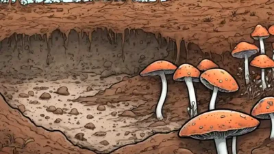 Mycoremediation concepto ilustración: hongo creciendo en medio de partículas de suelo.