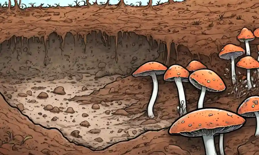 Mycoremediation concepto ilustración: hongo creciendo en medio de partículas de suelo.