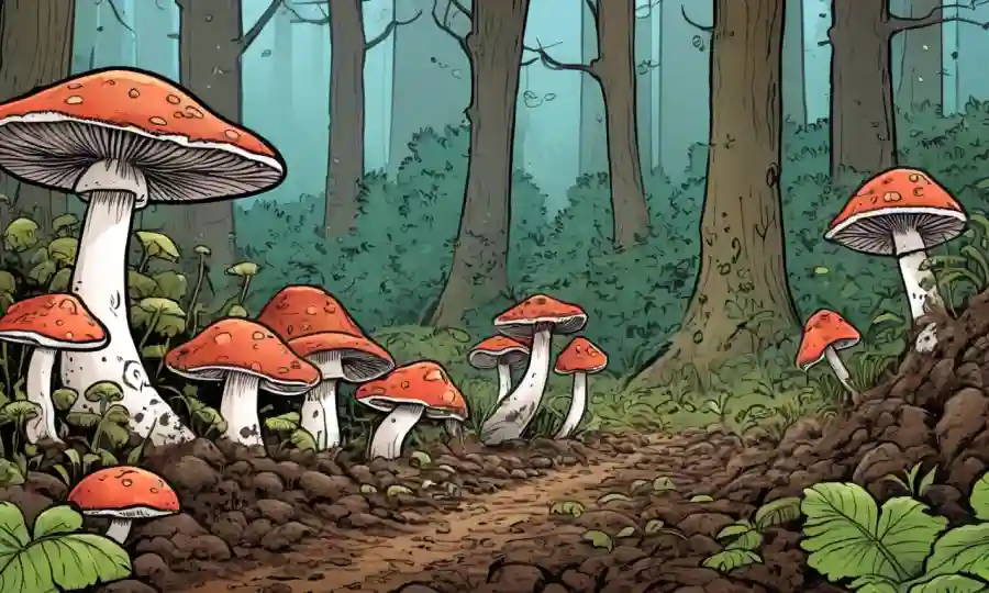 Los hongos descomponen la materia orgánica en un ecosistema forestal del suelo.