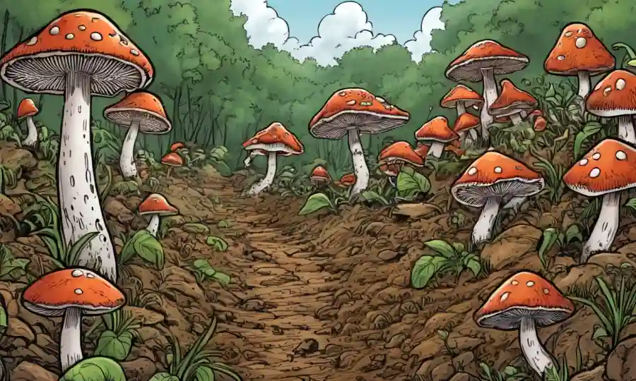 Mushrooms prosperando en medio de la degradación ambiental, simbolizando la preservación del suelo.