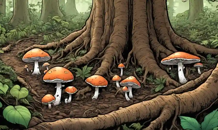 El cultivo de hongos entre las raíces de árboles en un frondoso suelo forestal, destacando su papel en la estructura del suelo y la sostenibilidad.