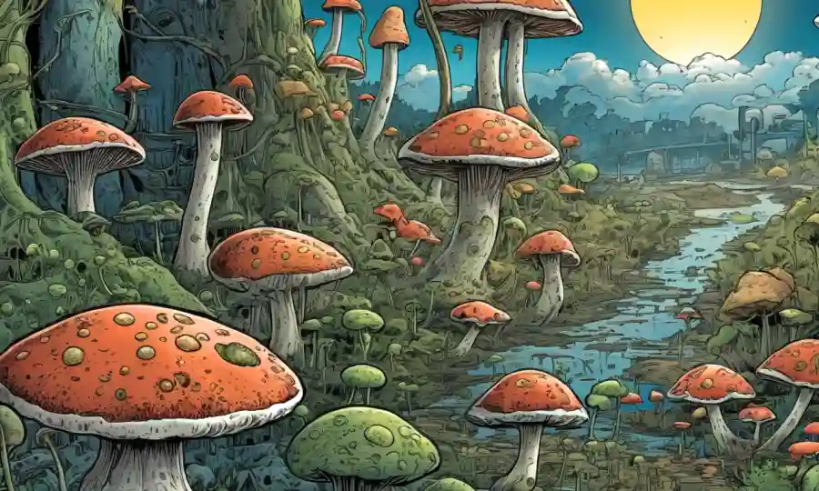 Células fúngicas y procesos de producción bioplásica representados en un contexto de preocupación ambiental.