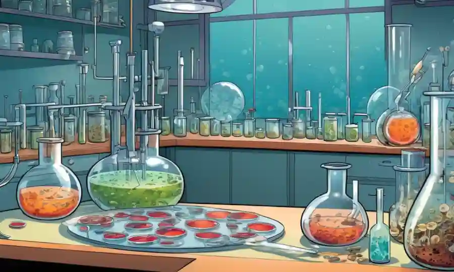 Escena de laboratorio con hongos, pipetas y platos petri, destacando métodos de producción bioplásica.