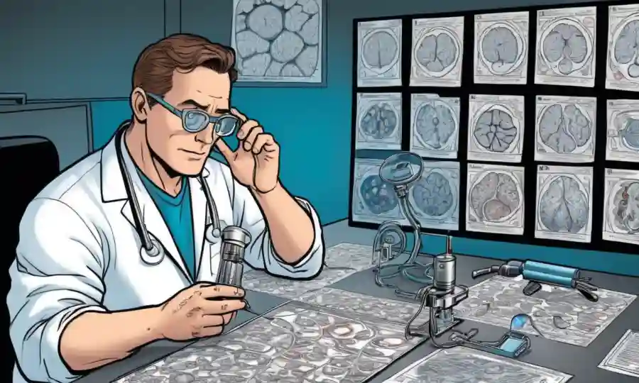 Un científico que examina estructuras microscópicas con diagramas y escaneos cerebrales.