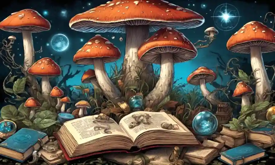 Una ilustración de fantasía de hongos místicos rodeados de tomes antiguos y símbolos misteriosos.