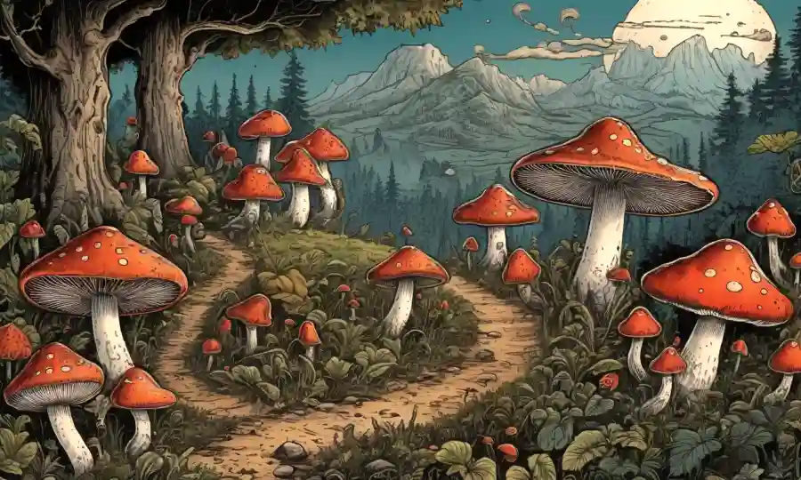 Ilustración de estilo antiguo que muestra usos históricos de hongos en rituales mágicos.