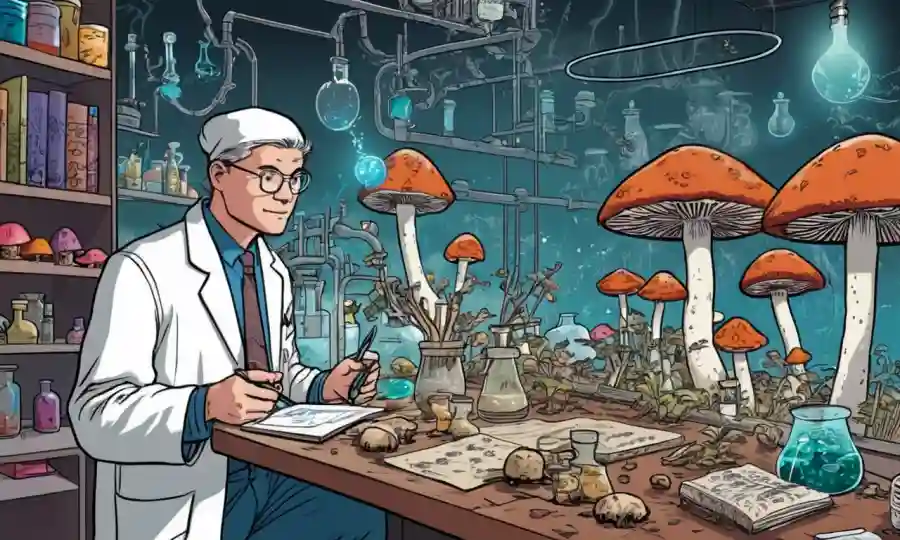 Investigadora que estudia setas mágicas en un laboratorio con diagramas y fórmulas.