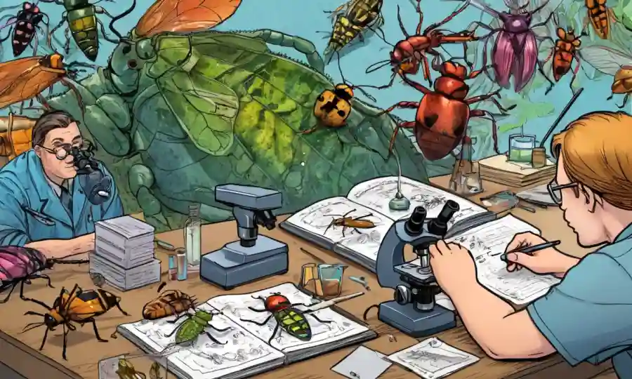 Científico examinando especímenes coloridos de insectos bajo microscopios y notas.