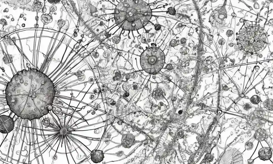 Ilustraciones de red de hongos microscópicos entre diagramas y ecuaciones científicas.