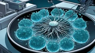 Una imagen microscopia de células de micelio en un plato petri rodeado de equipo de laboratorio futurista.
