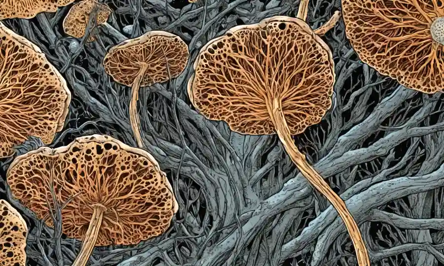 Mycohyphae extendiendo de cuerpos fúngicos frutales descomponiendo materia orgánica.