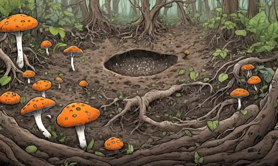 Red de hongos bajo tierra, destacando su papel en la descomposición de materia orgánica.