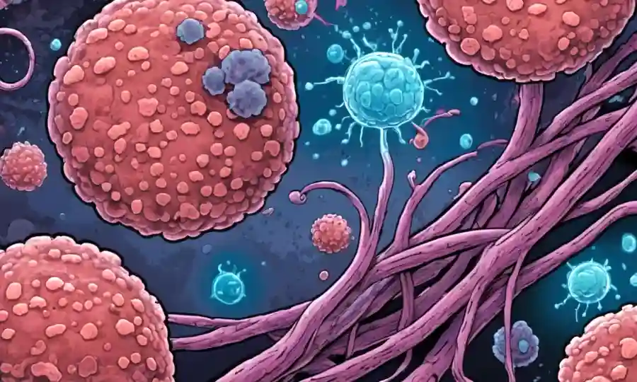 Una imagen microscópica de bacterias intestinales saludables coexistiendo con hongos.