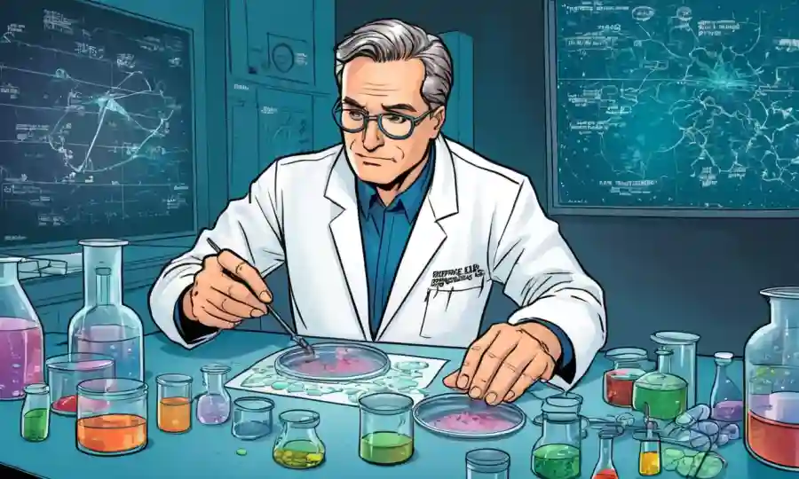 Un científico inspeccionando una cultura de platillos petri en un entorno de laboratorio, con gráficos y gráficos alrededor.