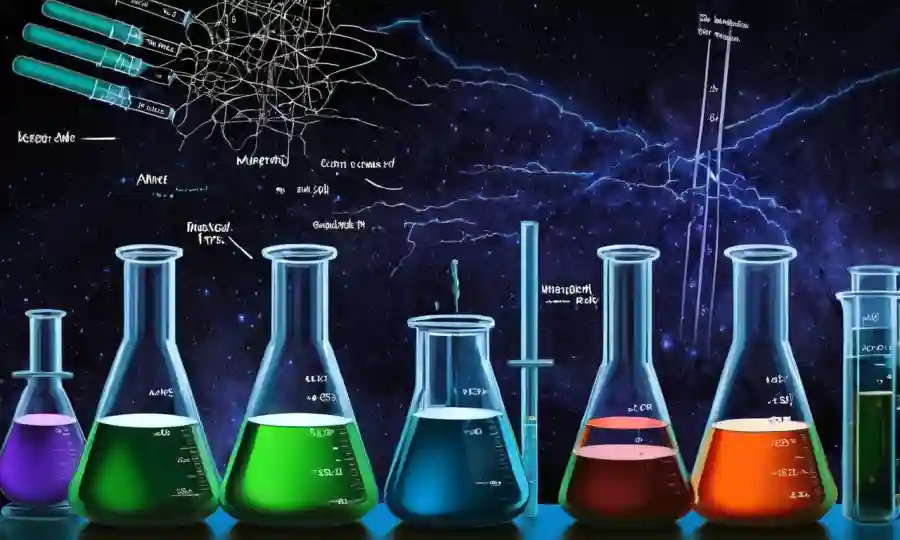 Una escena de laboratorio científico que muestra beakers y tubos de prueba junto con un gráfico que ilustra los niveles de acidez.