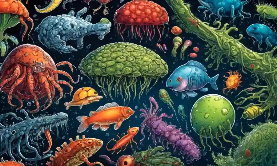 Ilustraciones de varios organismos interconectados destacando relaciones simbióticas entre ellos.