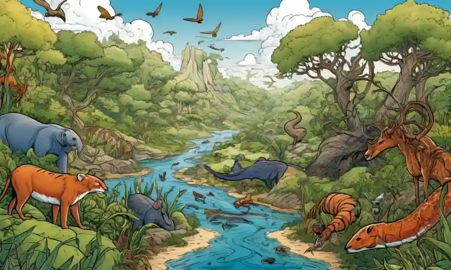 Ilustración de diversas especies ecológicas entrelazadas