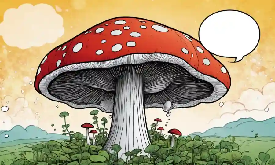 Un hongo creciendo en medio de un fondo de burbujas de pensamiento que representan el bienestar mental.