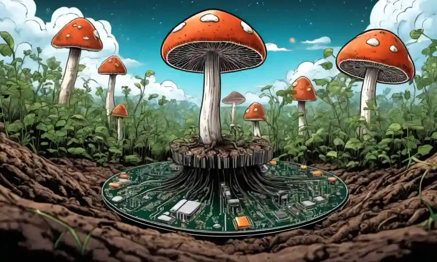 Un hongo creciendo desde la tierra con un tablero de circuitos o red neuronal en el fondo.