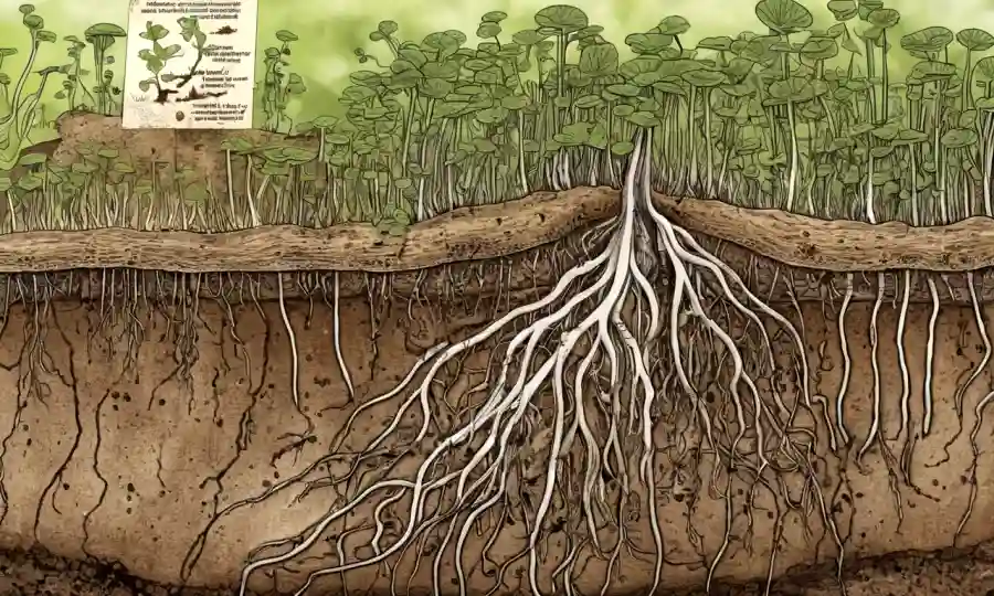 hongos microscópicos que crecen entre las raíces vegetales en un paisaje del suelo, con diagramas científicos y superposiciones de texto.