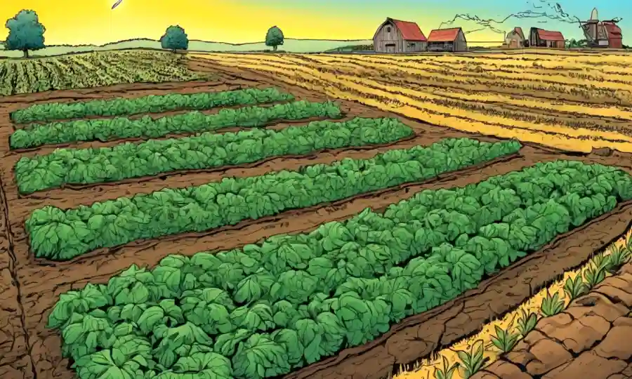 Un paisaje agrícola con cultivos y estructuras microbiológicas entre raíces.