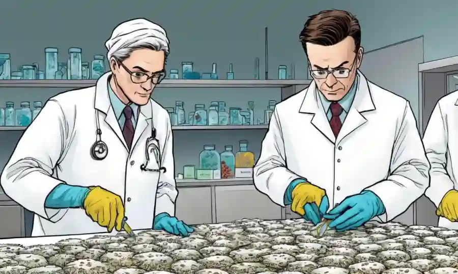 Non-governmental organizations (NGOs) in white lab coats examining fungal samples.