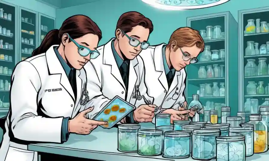 Investigadores en capas de laboratorio que examinan platos petri y gráficos de crecimiento de hongos.